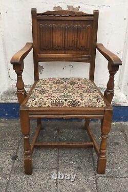 Lovely Set Of Six Vintage Old Charm Oak Tudor Fabric Dining Chairs Two X Carvers