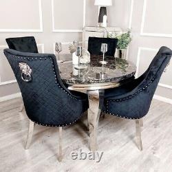 Luxury Black & Silver Lion Knocker Velvet Dining Chairs Quilted Buttoned