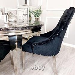 Luxury Black & Silver Lion Knocker Velvet Dining Chairs Quilted Buttoned