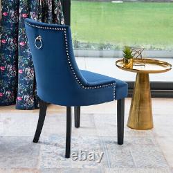 Luxury Blue Velvet Scoop Back Dining Chair Black Satin Legs Upholstered D109