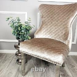 Luxury Champagne Beige Lion Knocker Quilted Velvet Dining Chairs Buttoned Back