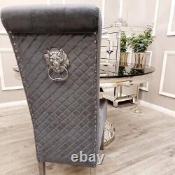 Luxury Grey Highback Lion Knocker Quilted Velvet Dining Chair Chrome Legs