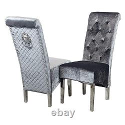 Luxury Grey Highback Lion Knocker Quilted Velvet Dining Chair Chrome Legs
