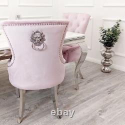 Luxury Pink & Silver Lion Knocker Velvet Dining Chairs Studs & Chrome Legs