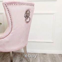 Luxury Pink & Silver Lion Knocker Velvet Dining Chairs Studs & Chrome Legs