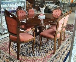 Mahogany Dining Table with Inlay Gloss Top and Six Upholster Chairs with Carving