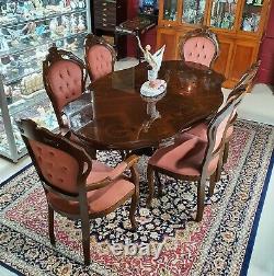 Mahogany Dining Table with Inlay Gloss Top and Six Upholster Chairs with Carving