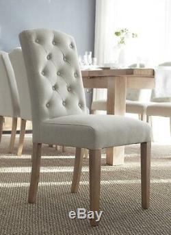 Matching Pair of Luxury Beige Button Back Upholstered Dining Chairs Oak Legs