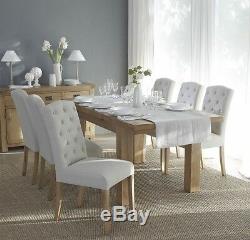 Matching Pair of Luxury Beige Button Back Upholstered Dining Chairs Oak Legs
