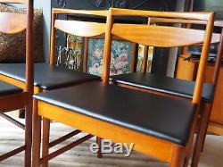 Mid Century Danish Teak Set Of 4 Dining Chairs New Upholstered Black Vinyl Retro