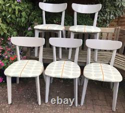 Mid century Modern 5 dining chairs Orla kiely stem grey orange cream curved back