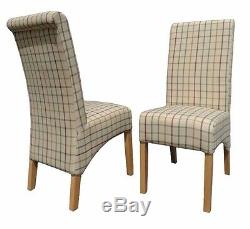 Modern Fabric Upholstered Tartan Dining Chairs Scroll High Back Springed Seat X2