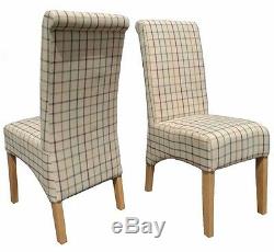 Modern Fabric Upholstered Tartan Dining Chairs Scroll High Back Springed Seat X2