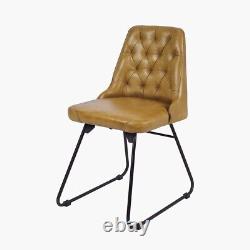 Mustard Yellow Leather Dining Chair Diamond Back Black Metal Legs Upholstered