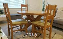 Natural Solid Oak 4 Seater Round Dining Table with 4 Leather Upholstered Chairs