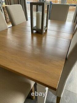 Oak Dining Table 6 Linen Upholstered Chairs. REDUCED TO £400