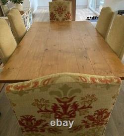 Oak Dining Table with six matching upholstered Chairs inc two Carver Chairs