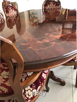 Ornate Italian Style Mahogany inlay veneer Dining Table and 6 upholstered chairs
