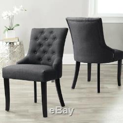 PAIR Upholstered Dining Room Chair Fabric Deep Retro Buttoned Tufted Back Chairs