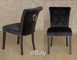PAIR of Black Button Back Velvet Upholstered Dining Chairs Chrome Back Ring Knoc