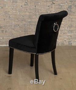 PAIR of Black Button Back Velvet Upholstered Dining Chairs Chrome Back Ring Knoc