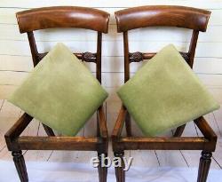 Pair Antique Georgian Mahogany Green Upholstered Hall Dining Bedroom Chairs