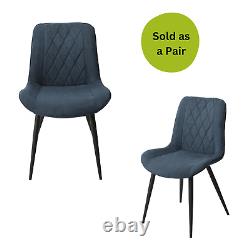 Pair Diamond Stitched Blue Upholstered Kitchen Home Dining Chairs Metal Legs