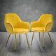 Pair Of 2 Ochre Yellow Matte Velvet Accent Upholstered Dining Chair Gold Legs