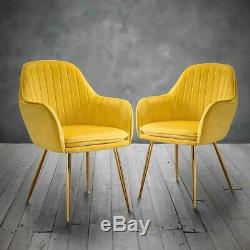 Pair Of 2 Ochre Yellow Matte Velvet Accent Upholstered Dining Chair Gold Legs