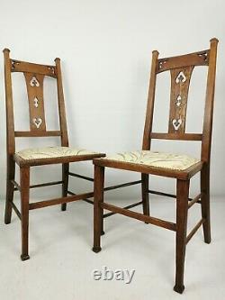 Pair Of Antique Art Nouveau / Arts & Crafts Oak Framed Upholstered Dining Chairs