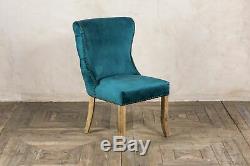 Pair Of Blue Teal Velvet Dining Chairs, Upholstered Side Chairs, Button Back