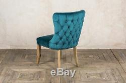 Pair Of Blue Teal Velvet Dining Chairs, Upholstered Side Chairs, Button Back