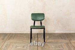 Pair Of British Green Dining Chairs Upholstered In Cross Stitch Faux Leather