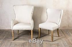 Pair Of Cream Linen Dining Chairs, Upholstered Side Chairs, Button Back Chairs