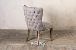 Pair Of Grey Linen Dining Chairs, Upholstered Side Chairs, Button Back Chairs