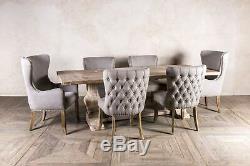 Pair Of Grey Linen Dining Chairs, Upholstered Side Chairs, Button Back Chairs