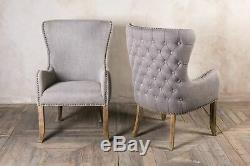 Pair Of Grey Linen Dining Chairs With Armrests, Upholstered Carver Chairs