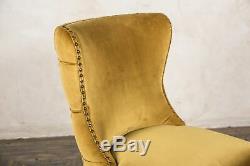 Pair Of Mustard Yellow Velvet Dining Chairs, Upholstered Side Chair, Button Back