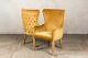 Pair Of Mustard Yellow Velvet Dining Chairs With Armrests, Upholstered Carvers