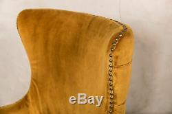 Pair Of Mustard Yellow Velvet Dining Chairs With Armrests, Upholstered Carvers