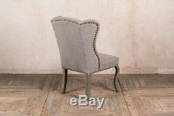Pair Of Stone Grey Linen Upholstered Dining Chairs French Style Button Back