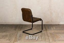Pair Of Upholstered Dining Chairs In Vintage Brown Faux Leather Metal Frame