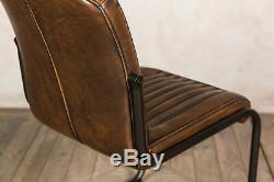 Pair Of Upholstered Dining Chairs In Vintage Brown Faux Leather Metal Frame