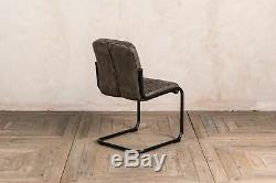 Pair Of Upholstered Dining Chairs In Vintage Grey Faux Leather Metal Frame