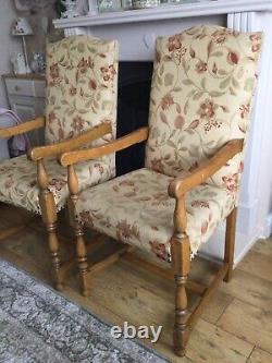 Pair Of Vintage Oak Carver Dining Room Chairs Floral Upholstered Back And Seat