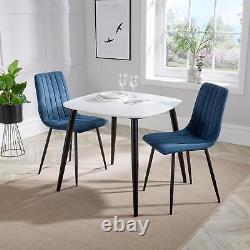 Pair Straight Stitched Blue Upholstered Kitchen Home Dining Chairs Metal Legs