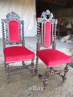 Pair Victorian carved oak barley twist upholstered dining chairs (552)