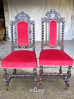 Pair Victorian carved oak barley twist upholstered dining chairs (552)