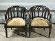 Pair Of 2x Solid Oak Captains Style Tub Chairs Dining Library Carved Upholstered