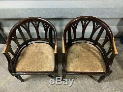 Pair of 2x solid oak captains style tub chairs dining library carved upholstered